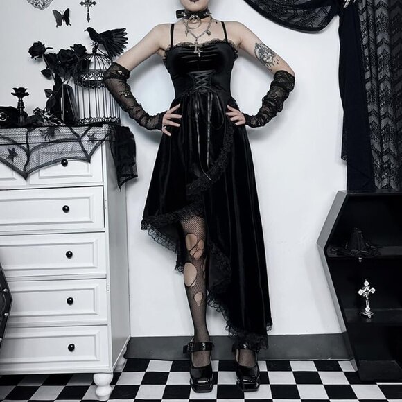 Women's Gothic Sexy Patchwork Velvet Slit Asymmetric Goth Dress - Picture 5 of 7